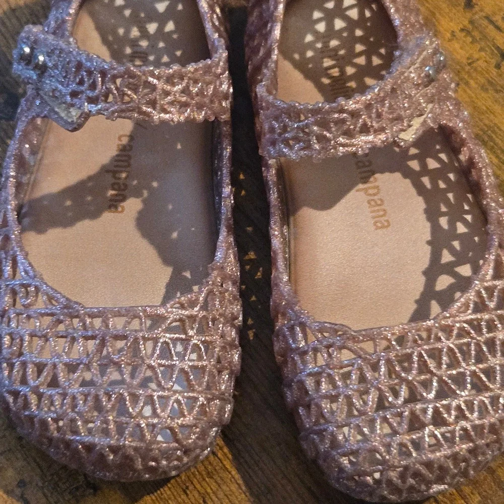 Mini Melissa Campana Zig Zag Rose Gold Glitter Jelly Mary Jane Shoes Kids Size 8